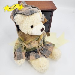傳統熊公仔Teddy Bear 米白色- 連格仔套裝衣服 (43cm) 