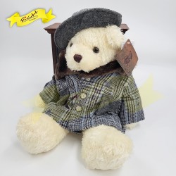 傳統熊公仔Teddy Bear 米白色- 連格仔套裝衣服 (43cm) 
